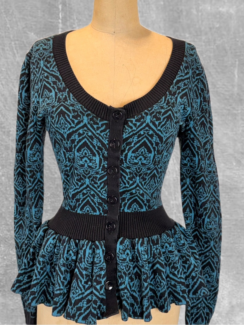 Y2K Gothic Baroque poet Teal Black Peplum ruffle Cardigan Sweater Corset Waist